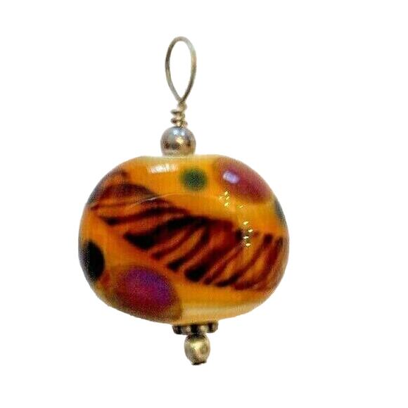 Small Glass Bead Pendant Gold Mustard Color Abstract Design 1.25" - Picture 1 of 4